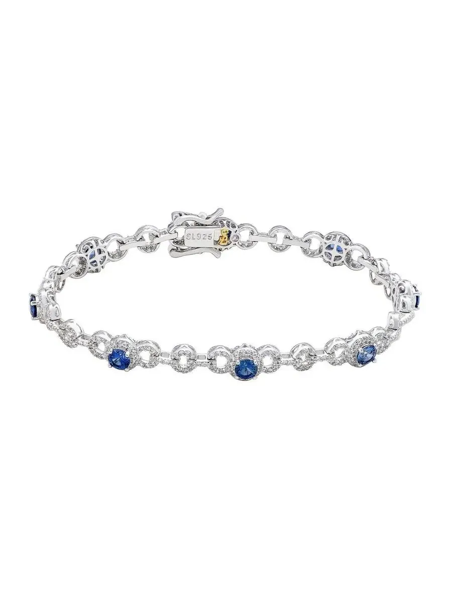 Браслет-цепочка теннисный с сапфиром и паве Sterling Silver Sapphire Halo Pave Link Tennis Bracelet — синий