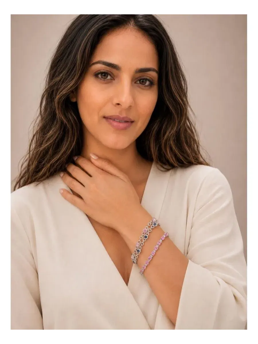 Браслет-цепочка теннисный с сапфиром и паве Sterling Silver Sapphire Halo Pave Link Tennis Bracelet — изображение 4 из 4