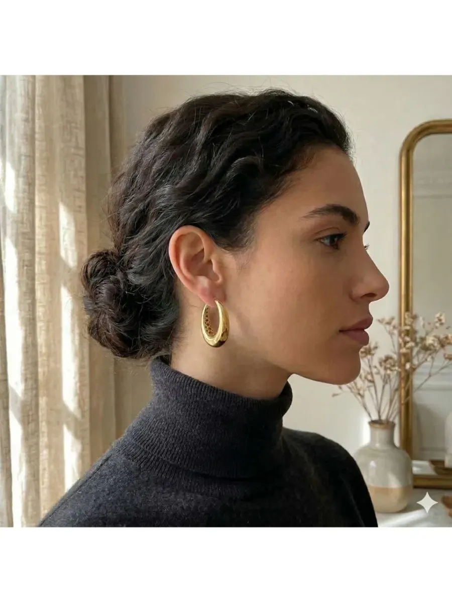 Серьги-кольца с эффектом пuffed, полированные Simona — изображение 2 из 3, оттенок золото