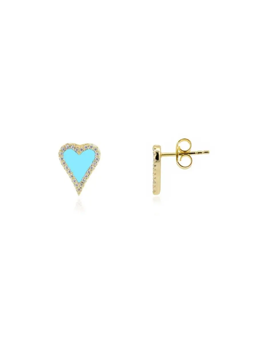 Серьги-пусеты с сердцем из бирюзы и цирконием, 14K позолота, серебро The Lovery — голубой