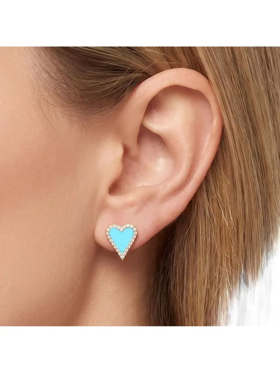 Серьги-пусеты с сердцем из бирюзы и цирконием, 14K позолота, серебро The Lovery — изображение 2 из 3, оттенок бирюзовый
