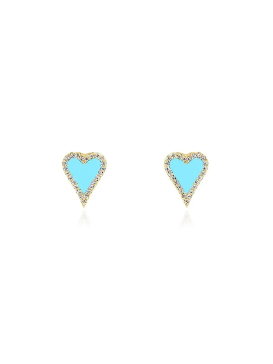 Серьги-пусеты с сердцем из бирюзы и цирконием, 14K позолота, серебро The Lovery — изображение 3 из 3, оттенок бирюзовый