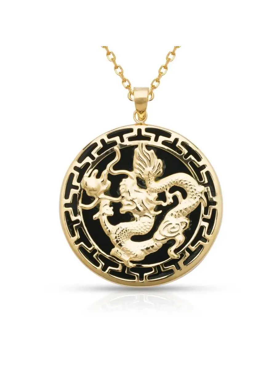 Кулон из желтого золота 14к с драконом и греческим ключом, 26x32 мм Curata Jewelry — изображение 1 из 6, оттенок черный