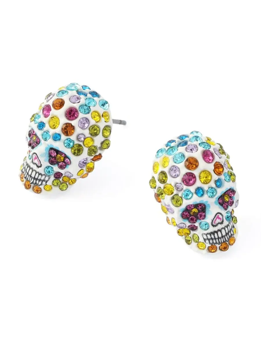 Серьги-гвоздики с принтом Sugar Skull Betsey Johnson — изображение 2 из 3, оттенок мульти/золотистый