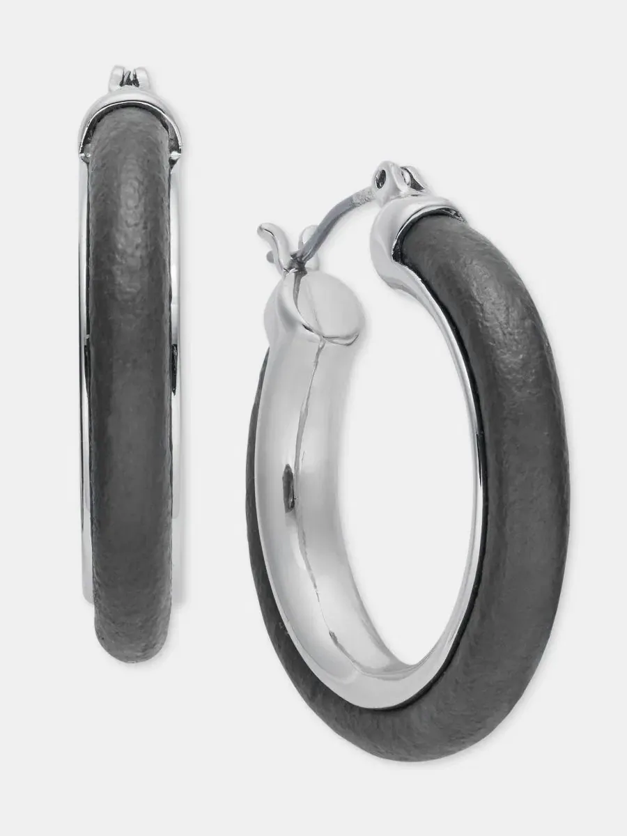 Серьги-кольца с кожаной вставкой Anne Klein — изображение 2 из 4, оттенок черный
