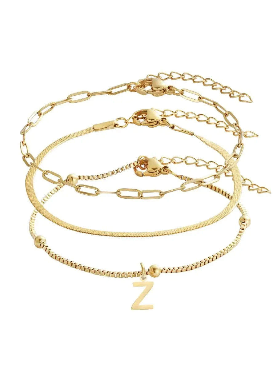 Комплект из 3 браслетов-цепочек с подвеской-инициалом, 18k золотое покрытие ADORNIA — изображение 1 из 1, оттенок золотистый