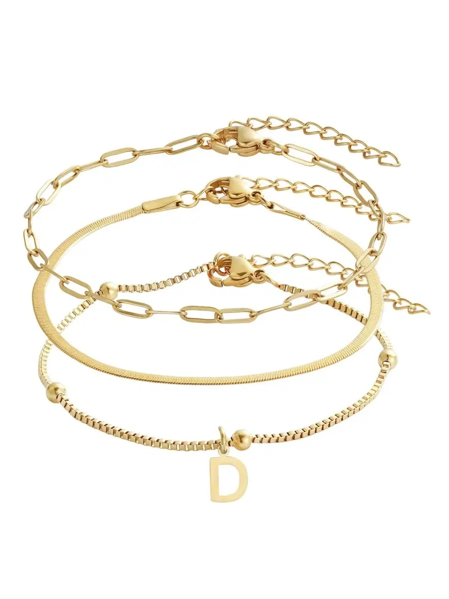 Комплект из 3 браслетов-цепей с подвеской-буквой, 18k золотое покрытие ADORNIA — изображение 1 из 1, оттенок золотистый