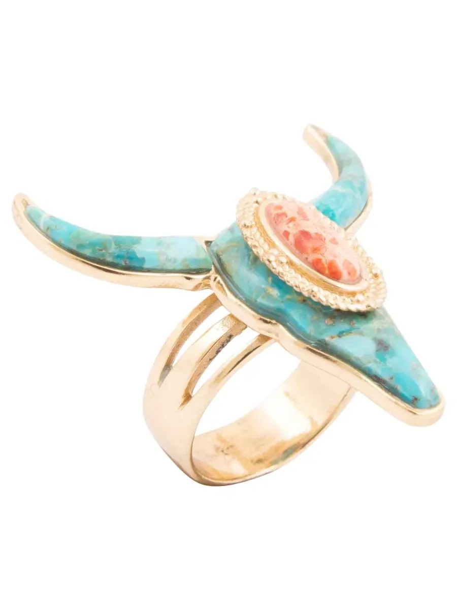 Кольцо с головой лонгхорна из бирюзы Longhorn Blue Turquoise Metal-tone Barse — золотистый