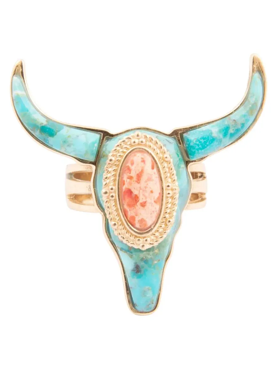 Кольцо с головой лонгхорна из бирюзы Longhorn Blue Turquoise Metal-tone Barse — изображение 2 из 7, оттенок золотистый