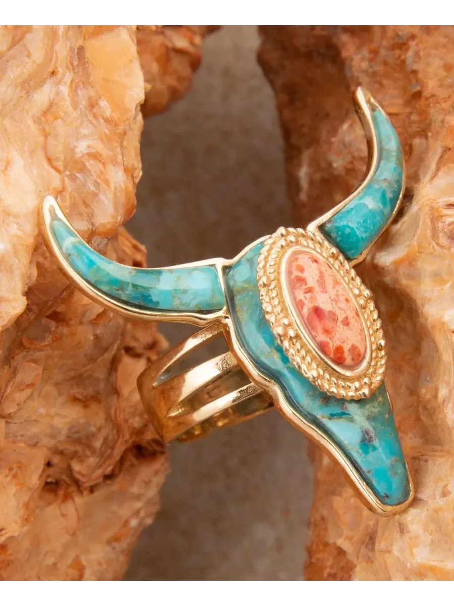 Кольцо с головой лонгхорна из бирюзы Longhorn Blue Turquoise Metal-tone Barse — изображение 6 из 7, оттенок золотистый