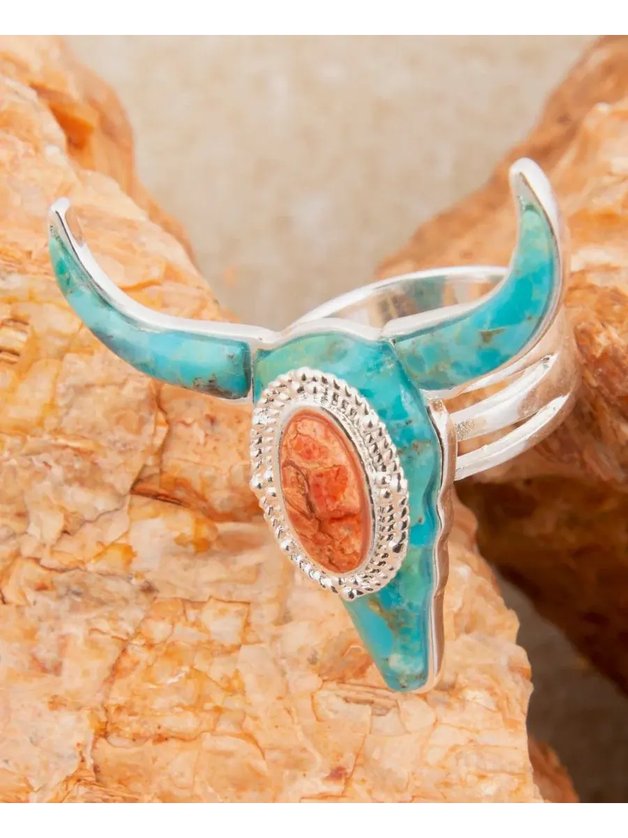 Кольцо с бирюзой Longhorn Blue Turquoise Metal-tone Barse — изображение 5 из 7, оттенок серебристый