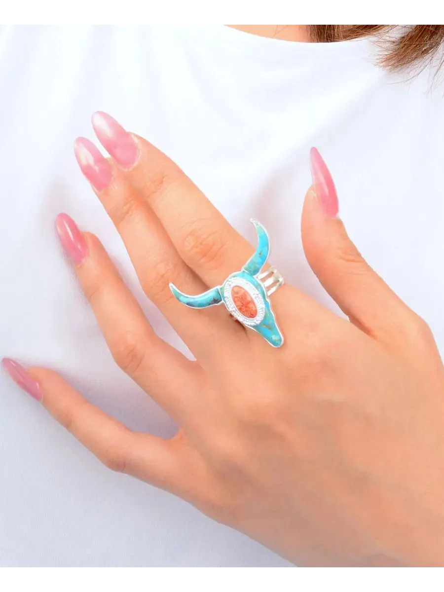 Кольцо с бирюзой Longhorn Blue Turquoise Metal-tone Barse — изображение 6 из 7, оттенок серебристый