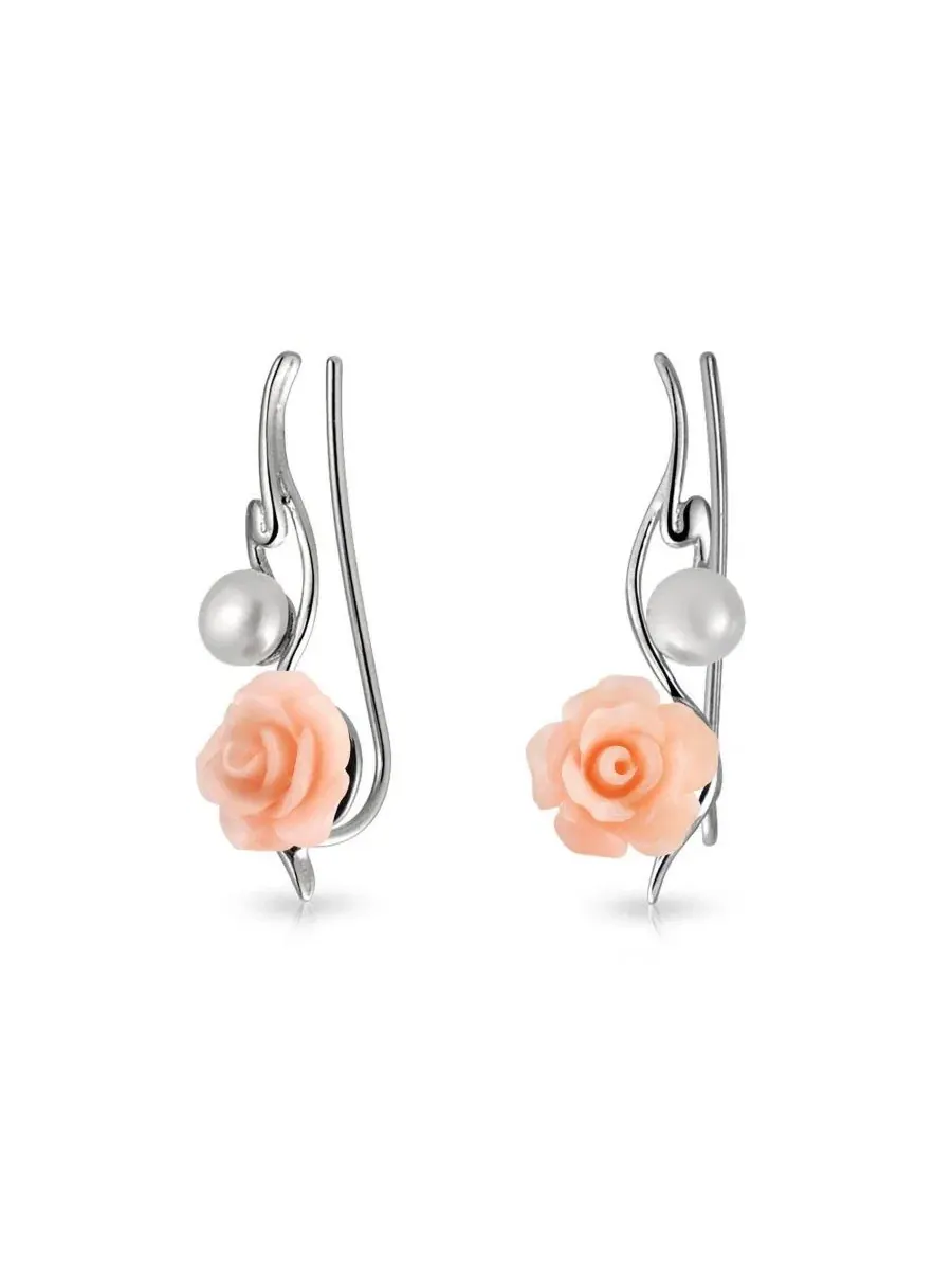 Серьги-каффы с жемчугом и розой из смолы, .925 стерлинговое серебро Bling Jewelry — изображение 1 из 4, оттенок розовый