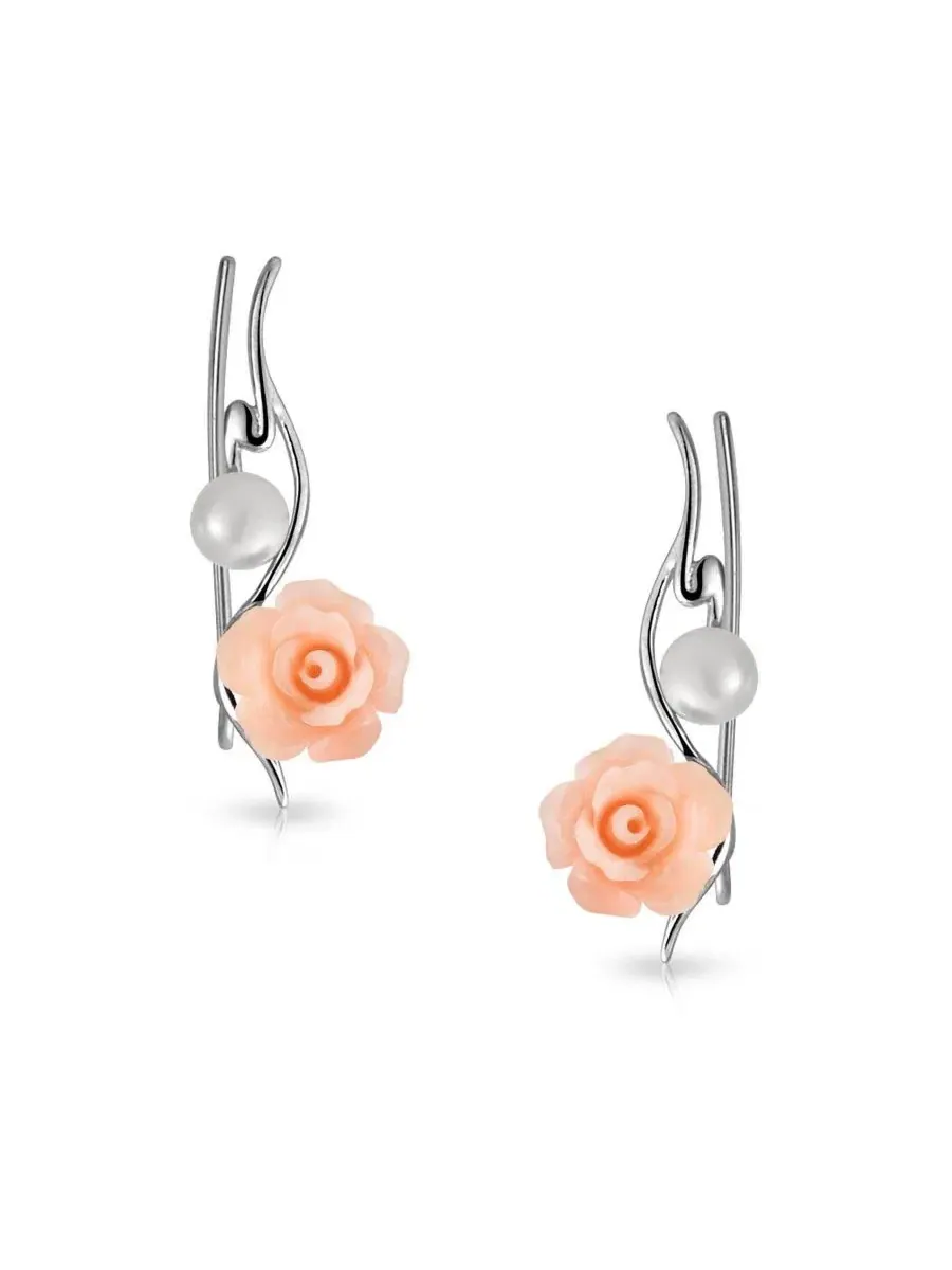 Серьги-каффы с жемчугом и розой из смолы, .925 стерлинговое серебро Bling Jewelry — изображение 2 из 4, оттенок розовый