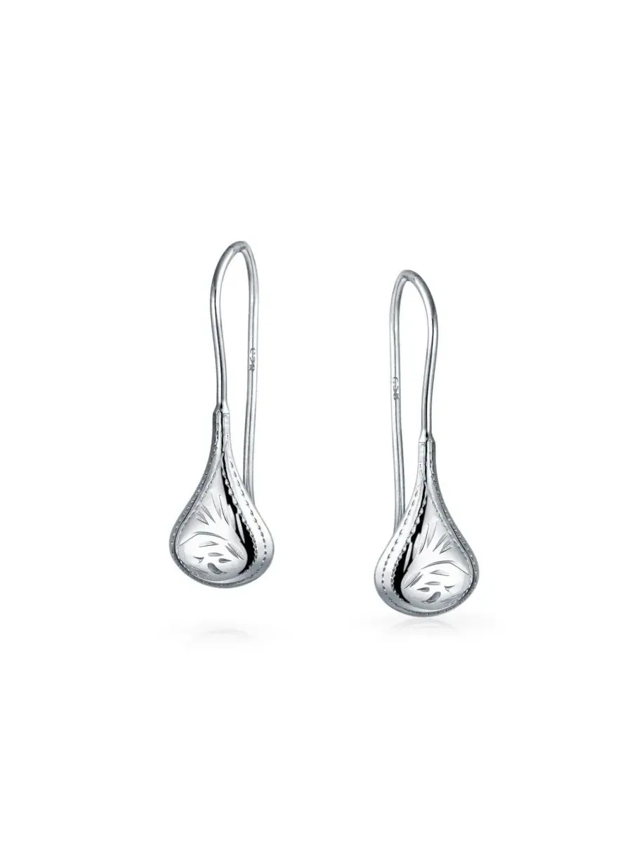 Серьги-пусеты с гравировкой листа, модель Etched Leaf Rain Drop Puffed Teardrop Bling Jewelry — изображение 2 из 4