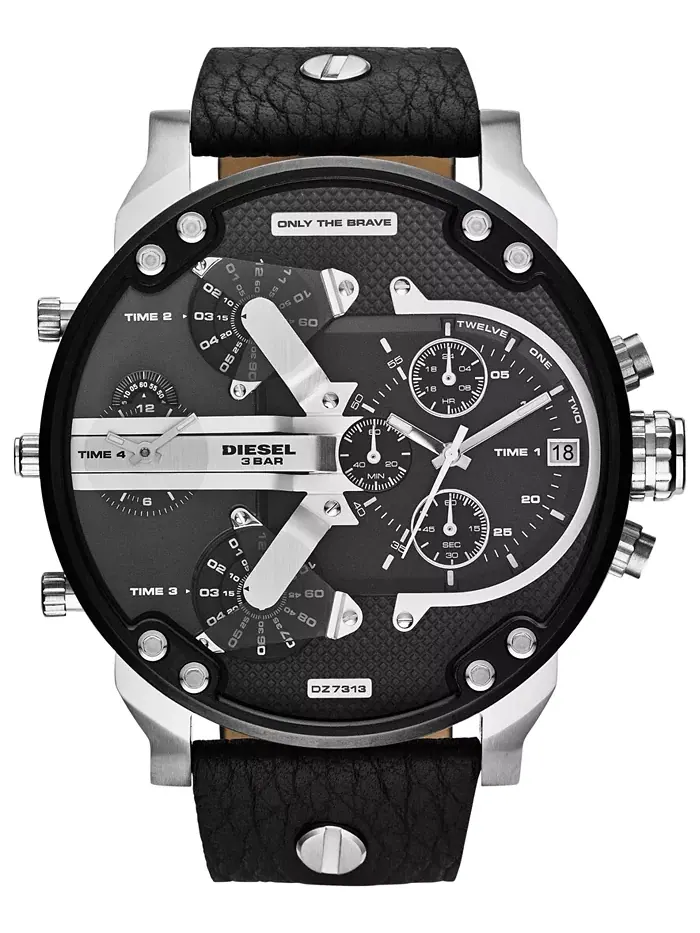 Мужские часы Chronograph Mr. Daddy 2.0 с черным кожаным ремешком, 66x57 мм, модель DZ7313 Diesel — черный