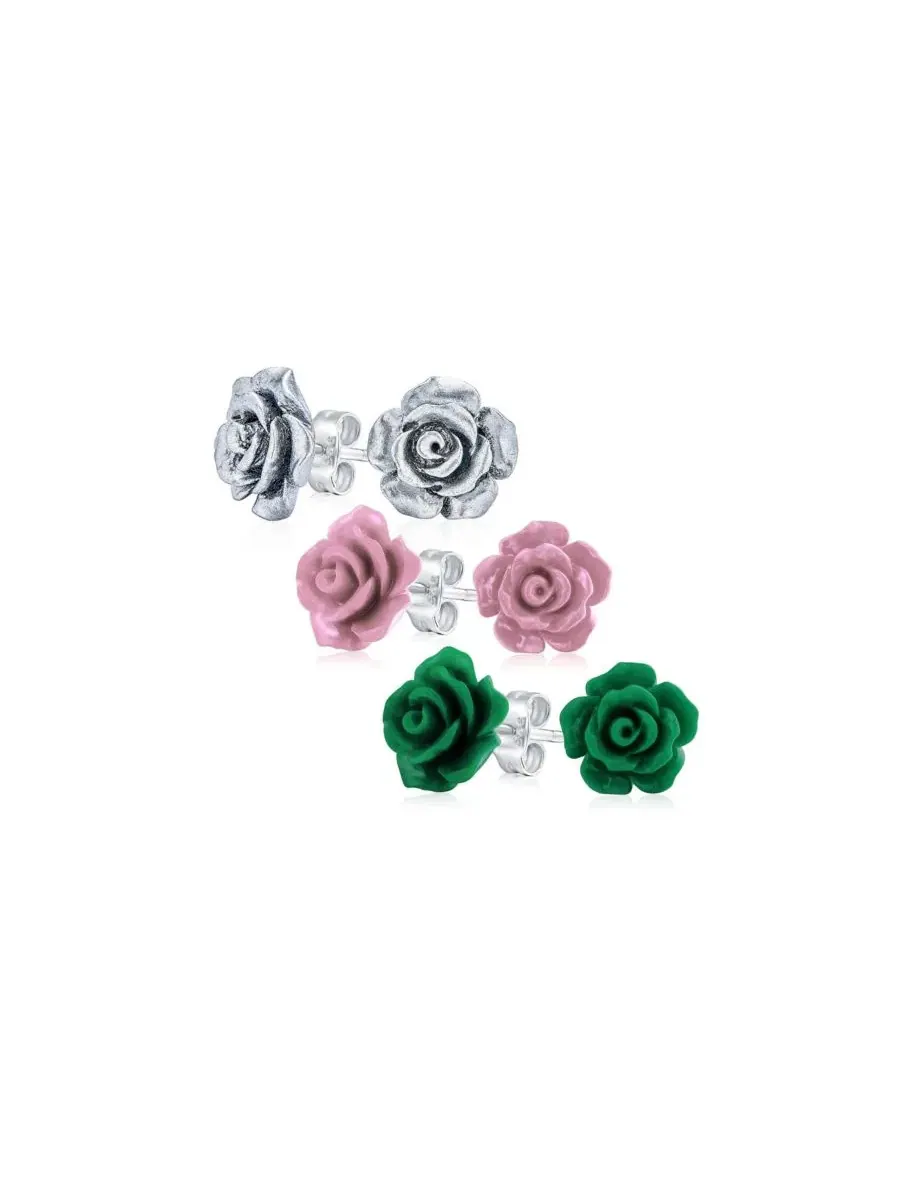 Серьги-гвоздики с 3D розой, из серебра 925 пробы, 3 пары Bling Jewelry — изображение 1 из 5, оттенок зеленый