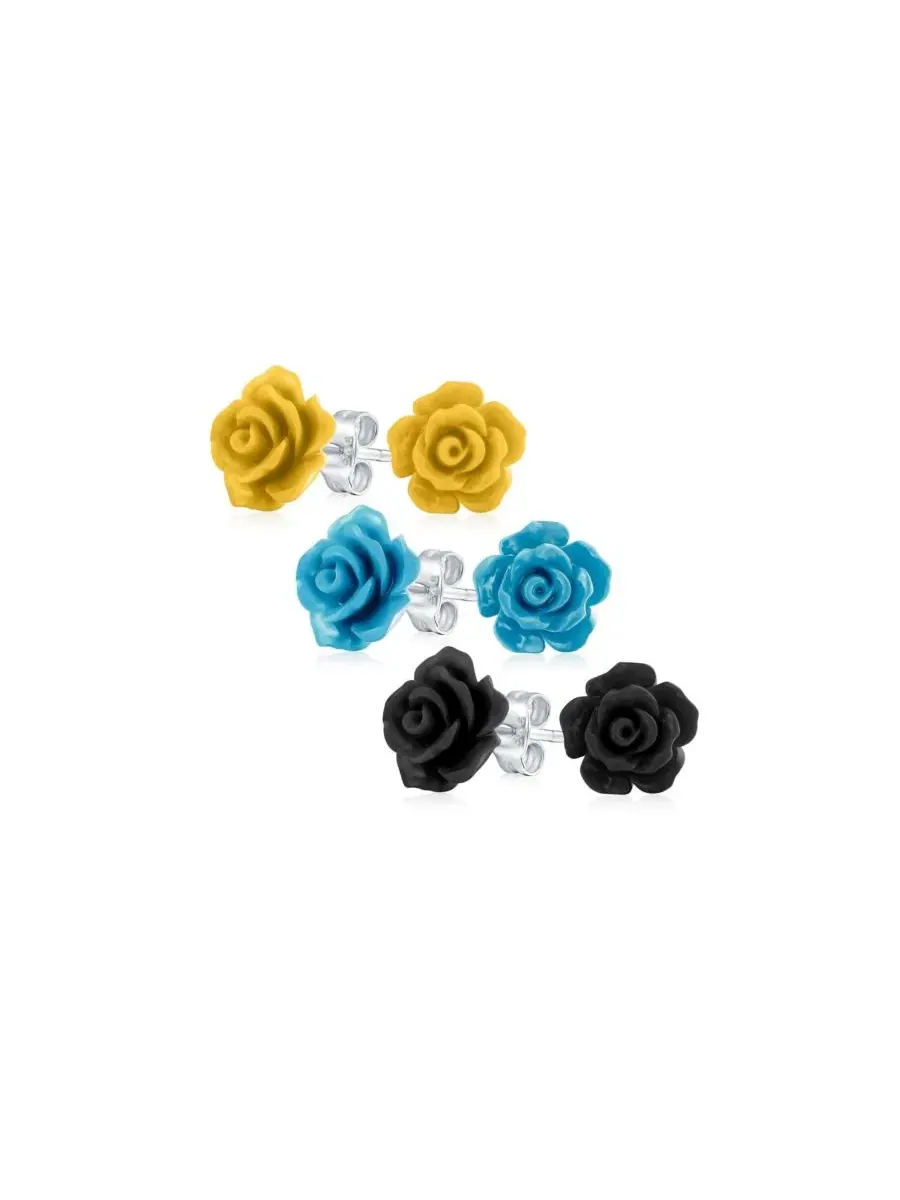 Серьги-гвоздики с 3D-розами, 3 пары Bling Jewelry