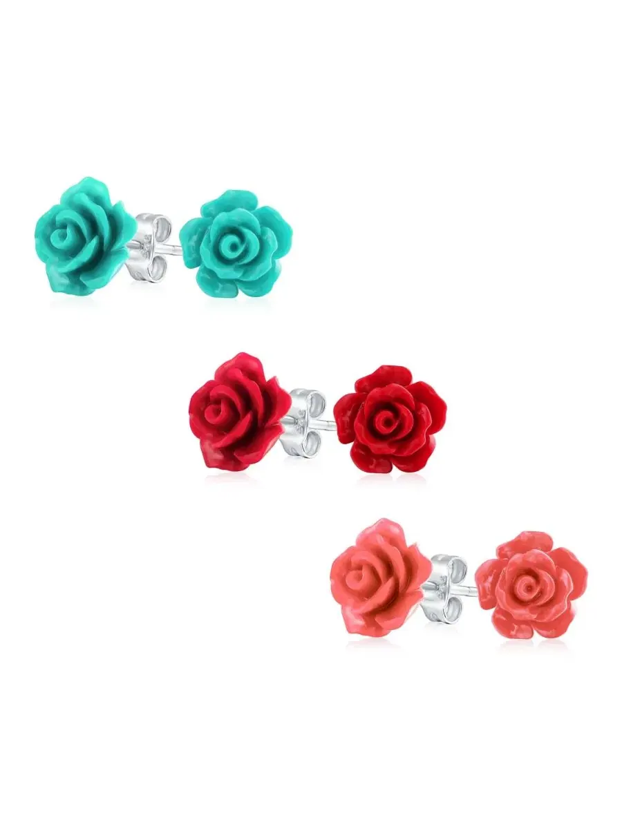 Серьги-гвоздики с 3D розой из смолы, 3 пары Bling Jewelry