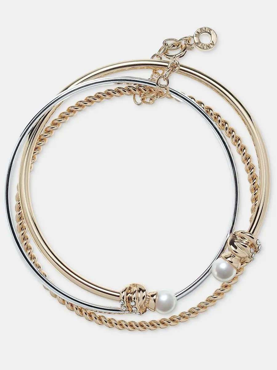 Набор браслетов-манжетов с жемчугом Two-Tone Boxed 3-Pc. Metal Imitation Pearl Bangle Bracelet Set — изображение 2 из 4