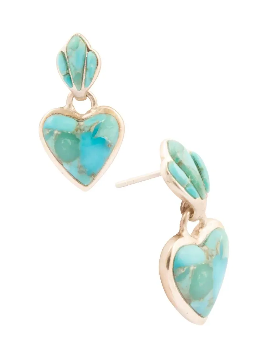Серьги-подвески с бирюзовыми сердцами Blue Turquoise Heart Silver Drop Post Earrings Barse — серебристый