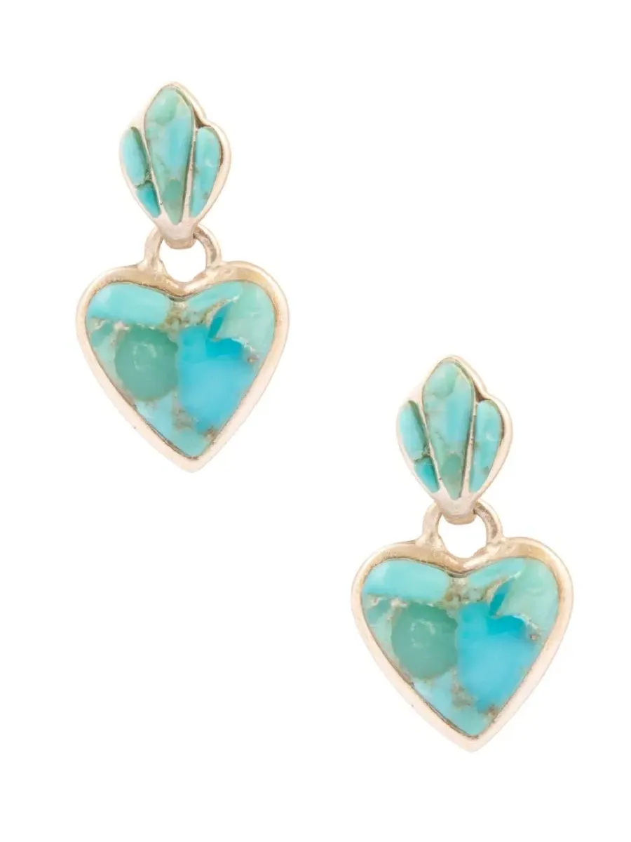Серьги-подвески с бирюзовыми сердцами Blue Turquoise Heart Silver Drop Post Earrings Barse — изображение 2 из 5