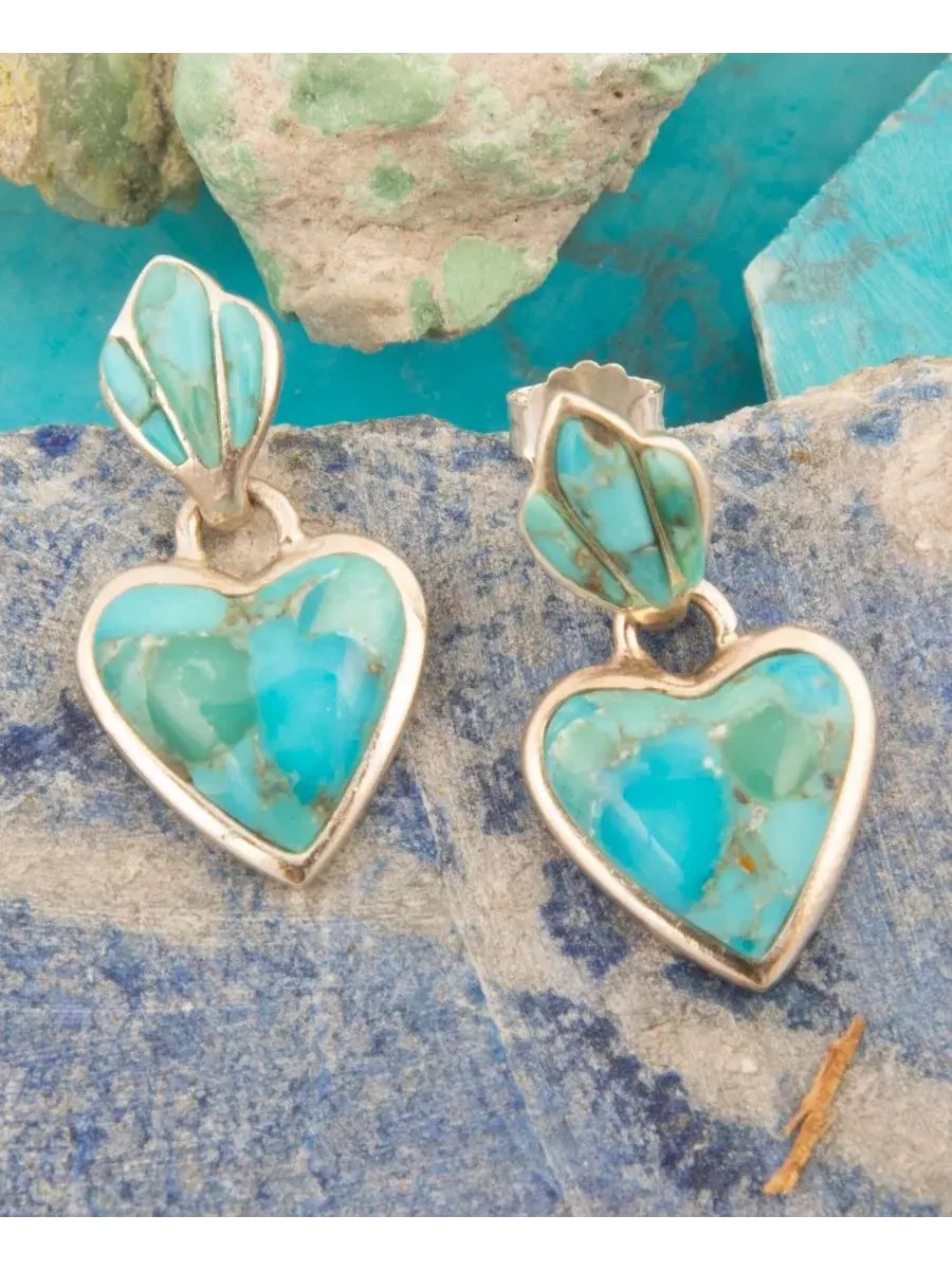 Серьги-подвески с бирюзовыми сердцами Blue Turquoise Heart Silver Drop Post Earrings Barse — изображение 4 из 5