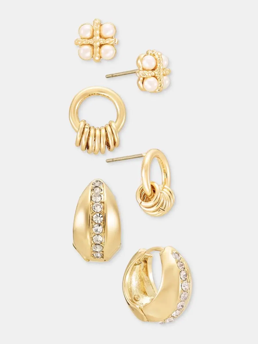 Серьги-пусеты с кристаллами и жемчугом, набор из 3 пар Anne Klein — изображение 3 из 3, оттенок серебристый