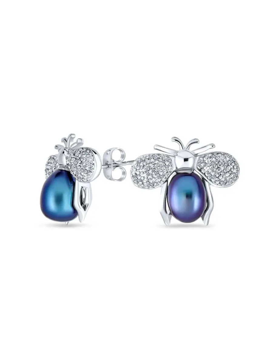 Серьги-пусеты с пчелой из жемчуга и фианитов Bling Jewelry — изображение 1 из 3, оттенок черный