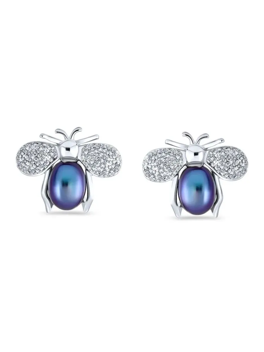 Серьги-пусеты с пчелой из жемчуга и фианитов Bling Jewelry — изображение 2 из 3, оттенок черный