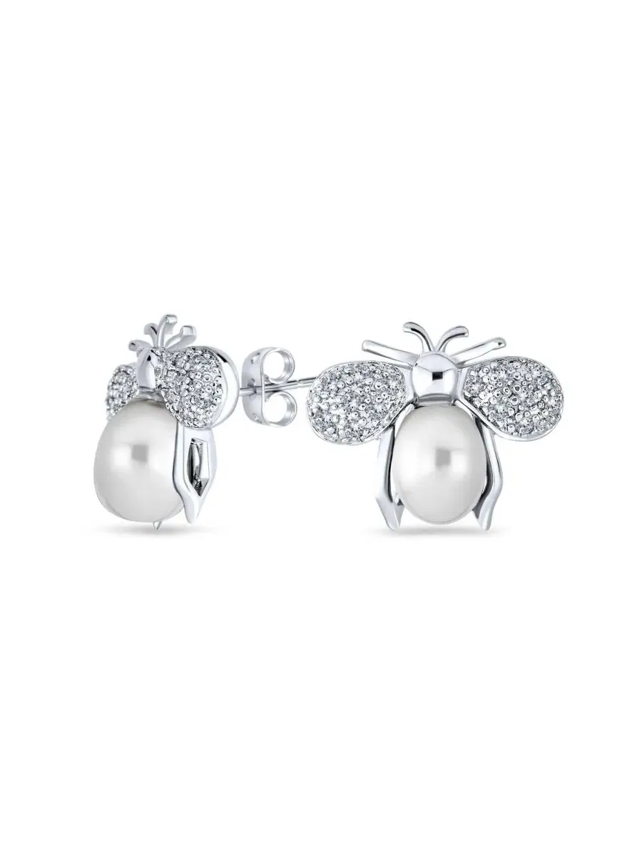Серьги-пусеты с пчелой из жемчуга и циркония Bling Jewelry
