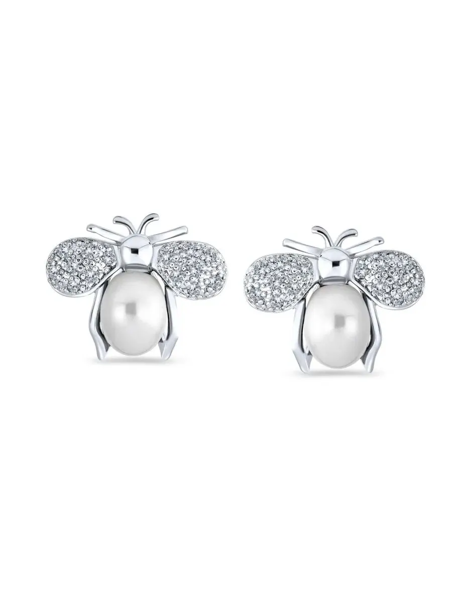 Серьги-пусеты с пчелой из жемчуга и циркония Bling Jewelry — изображение 3 из 3, оттенок белый
