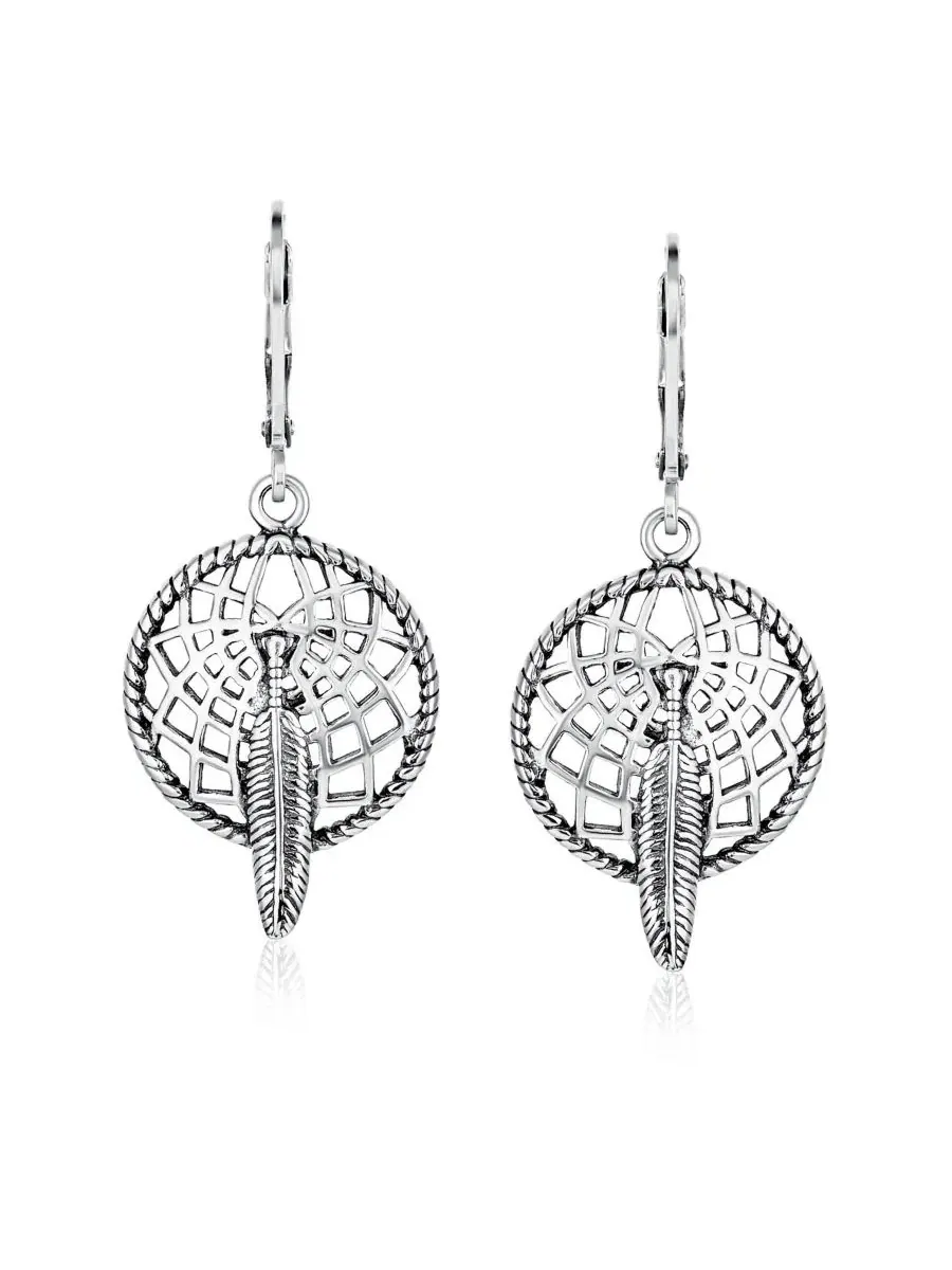 Серьги-подвески с ловцом снов с перьями и листьями Native American Style Dream Catcher Feather Leaf — изображение 3 из 3