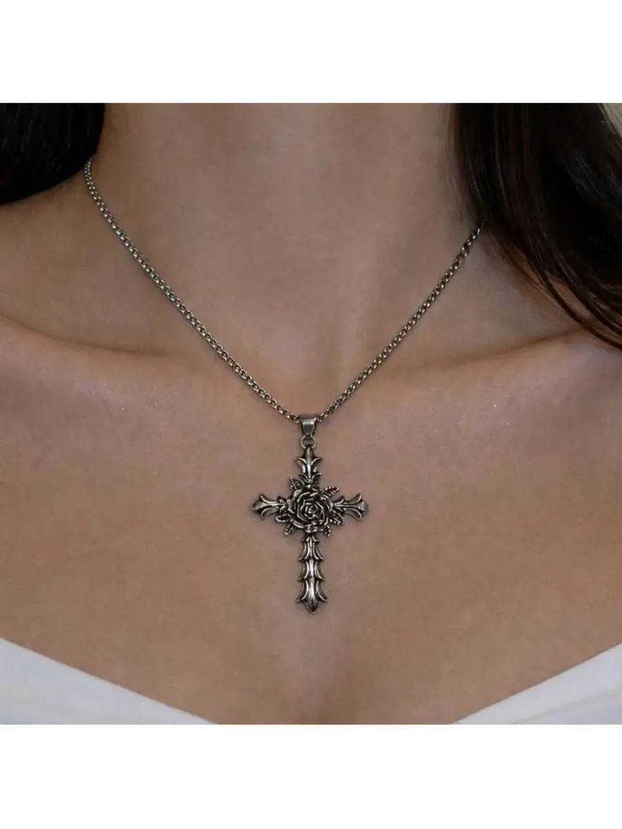 Кулон-крест с цепочкой Silver Rose Cross Chain Rebl Jewelry