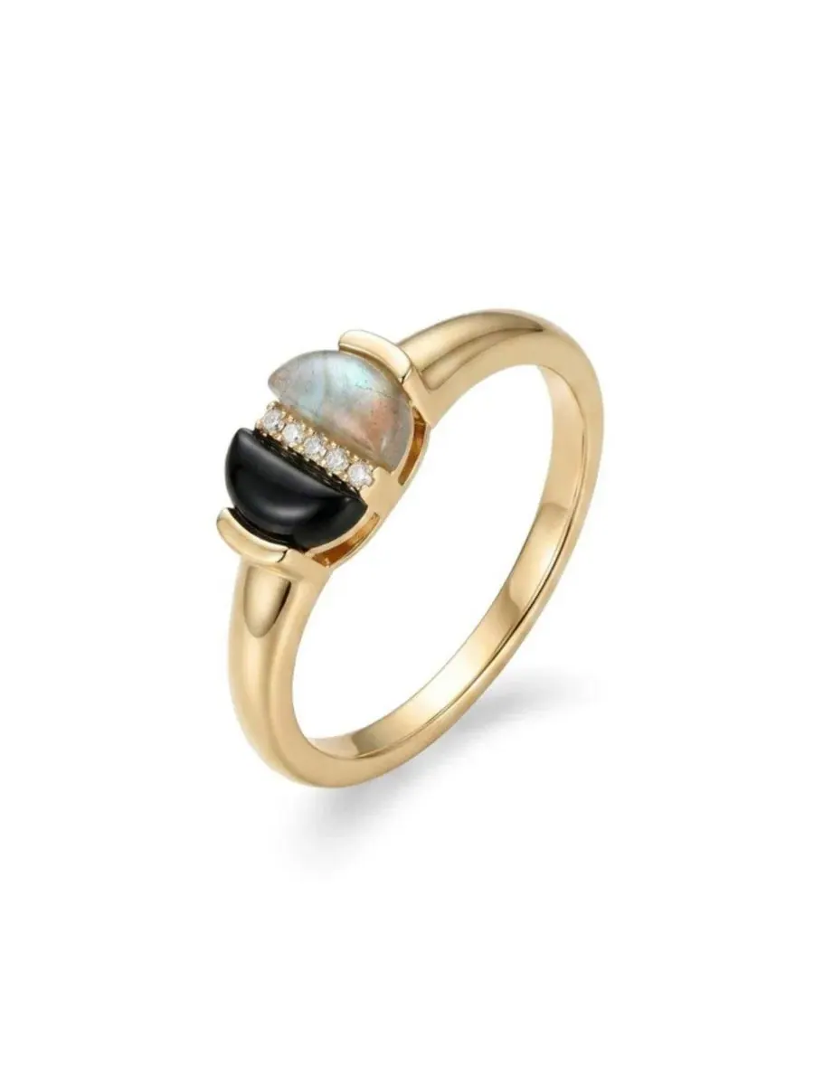 Кольцо с лабрадоритом и ониксом, 14K золотое покрытие, модель Split Ring Adornia Fine — золотистый