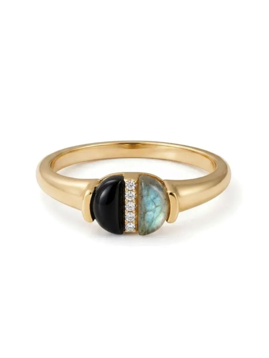 Кольцо с лабрадоритом и ониксом, 14K золотое покрытие, модель Split Ring Adornia Fine — изображение 3 из 3