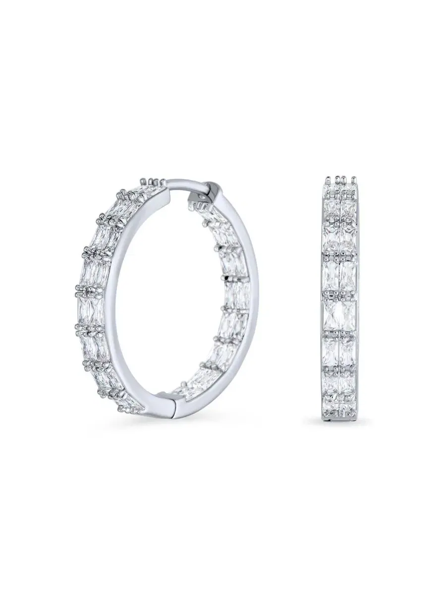 Серьги-кольца с принтом «Princess Cut Cubic Zirconia Milgrain Edge Inside Out Hoop» Bling Jewelry