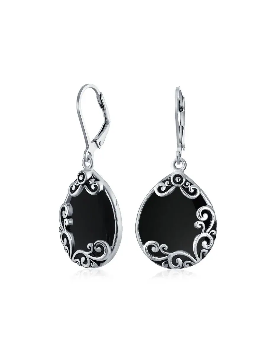 Серьги-подвески из стерлингового серебра с черным ониксом и узором Western Style Teardrop Black — изображение 1 из 4