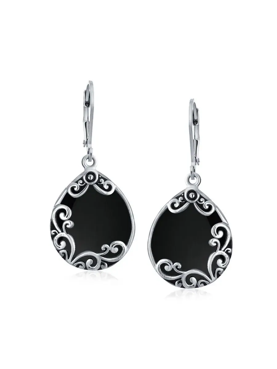 Серьги-подвески из стерлингового серебра с черным ониксом и узором Western Style Teardrop Black — изображение 2 из 4