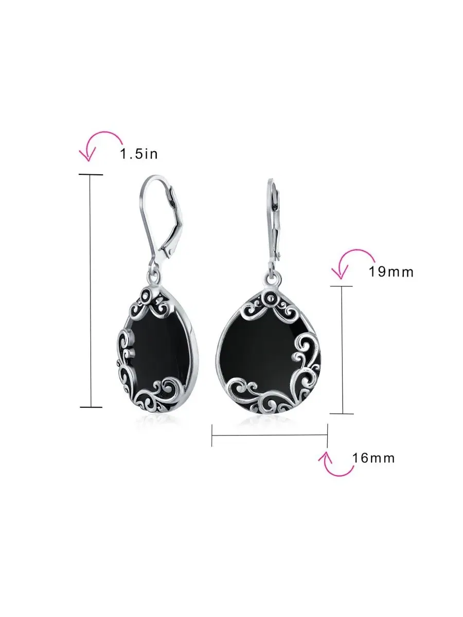 Серьги-подвески из стерлингового серебра с черным ониксом и узором Western Style Teardrop Black — изображение 4 из 4