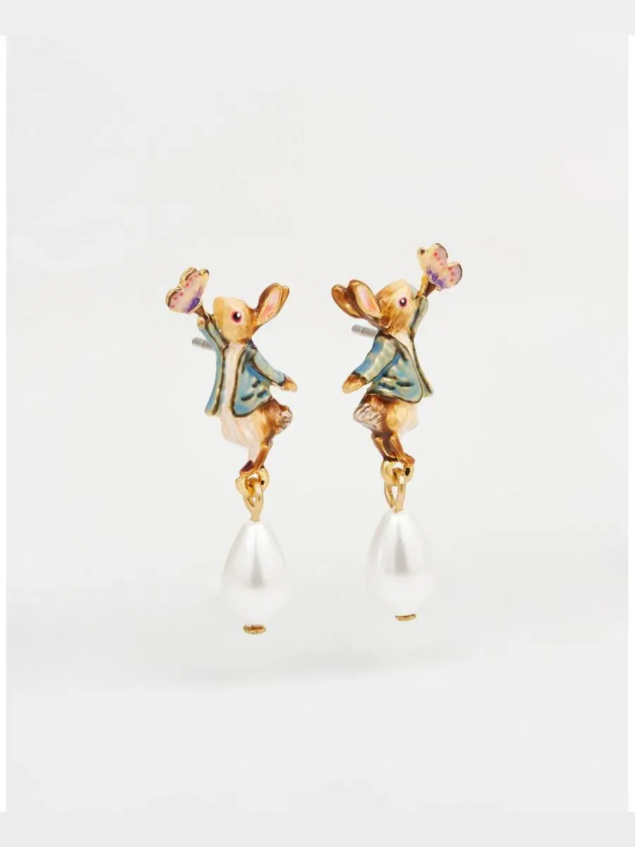Серьги-подвески с жемчугом и кроликом Питером, модель Butterfly Pearl Drop Fable England