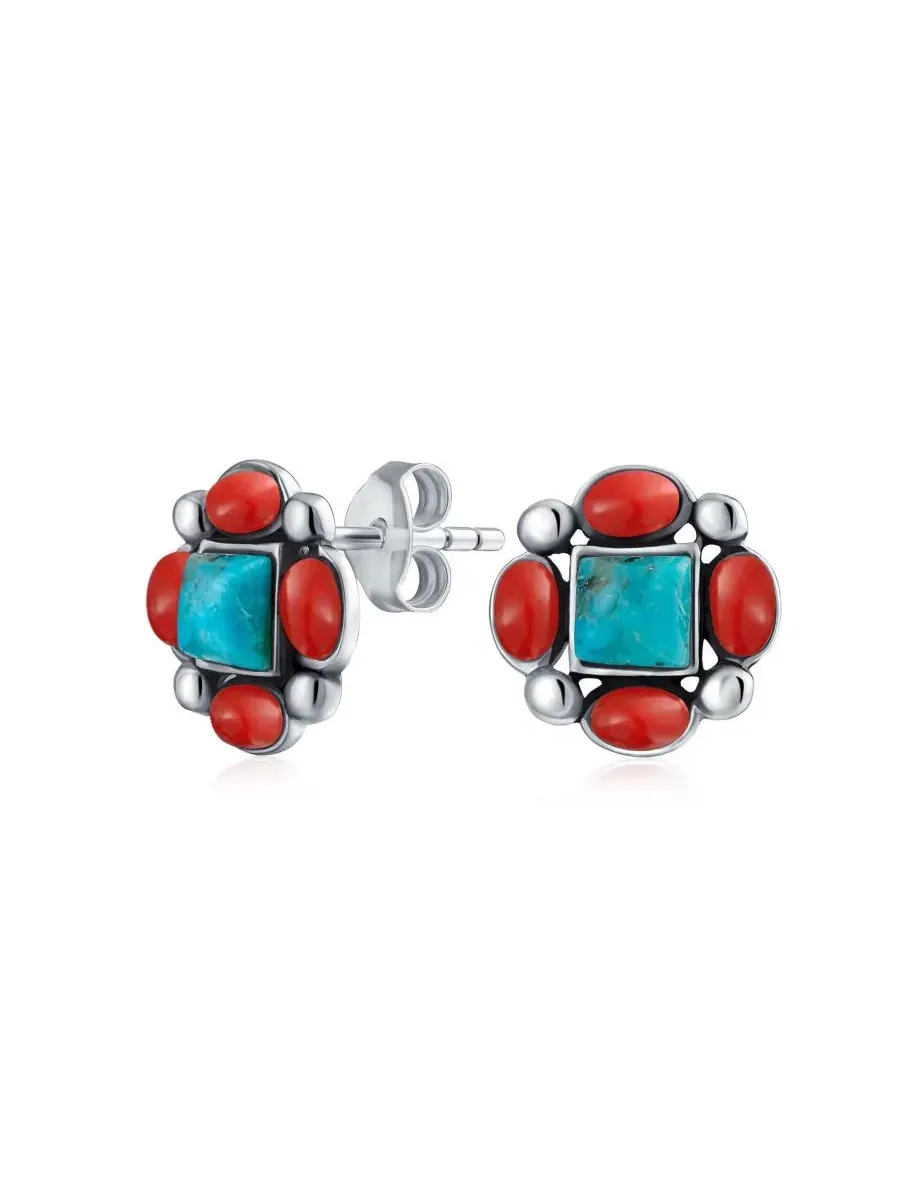 Серьги-гвоздики с бирюзой и красным кораллом, Western Native-American Style Bling Jewelry