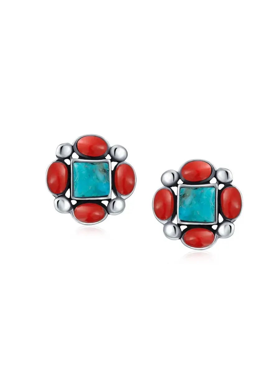 Серьги-гвоздики с бирюзой и красным кораллом, Western Native-American Style Bling Jewelry — изображение 2 из 5