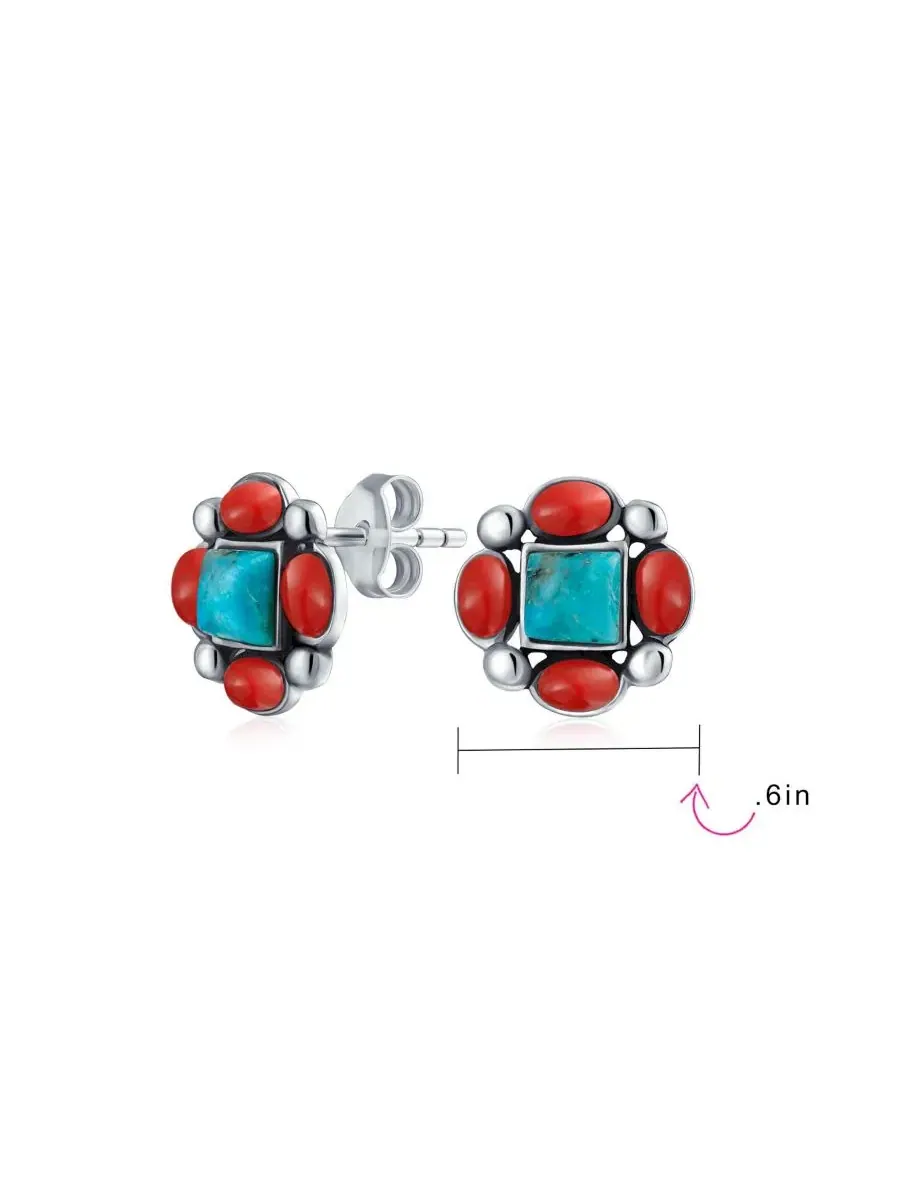 Серьги-гвоздики с бирюзой и красным кораллом, Western Native-American Style Bling Jewelry — изображение 5 из 5