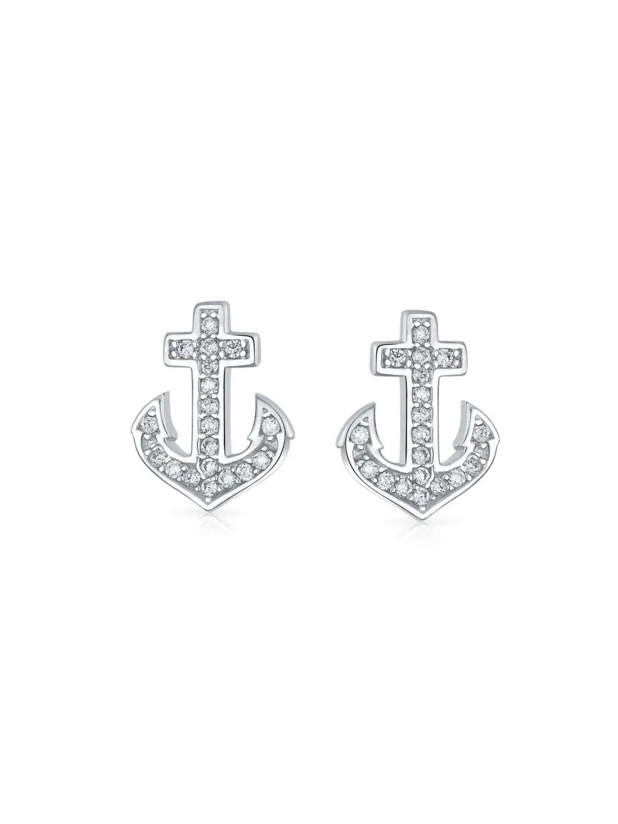 Серьги-гвоздики с якорем, модель Nautical Sea Boat Anchor Bling Jewelry — изображение 3 из 4, оттенок прозрачный