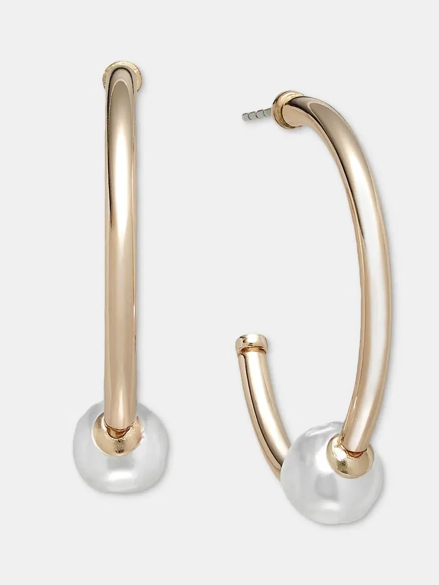 Серьги-кольца с жемчугом, модель Medium Imitation Pearl C-Hoop On 34th