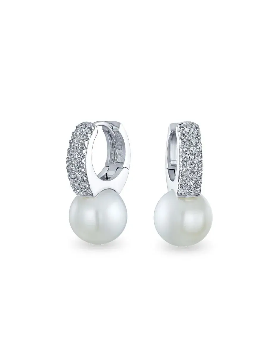 Серьги-пусеты мини-хуп с жемчугом и фианитами, модель Pearl/Cubic Zirconia Mini Hoop Huggie Drop