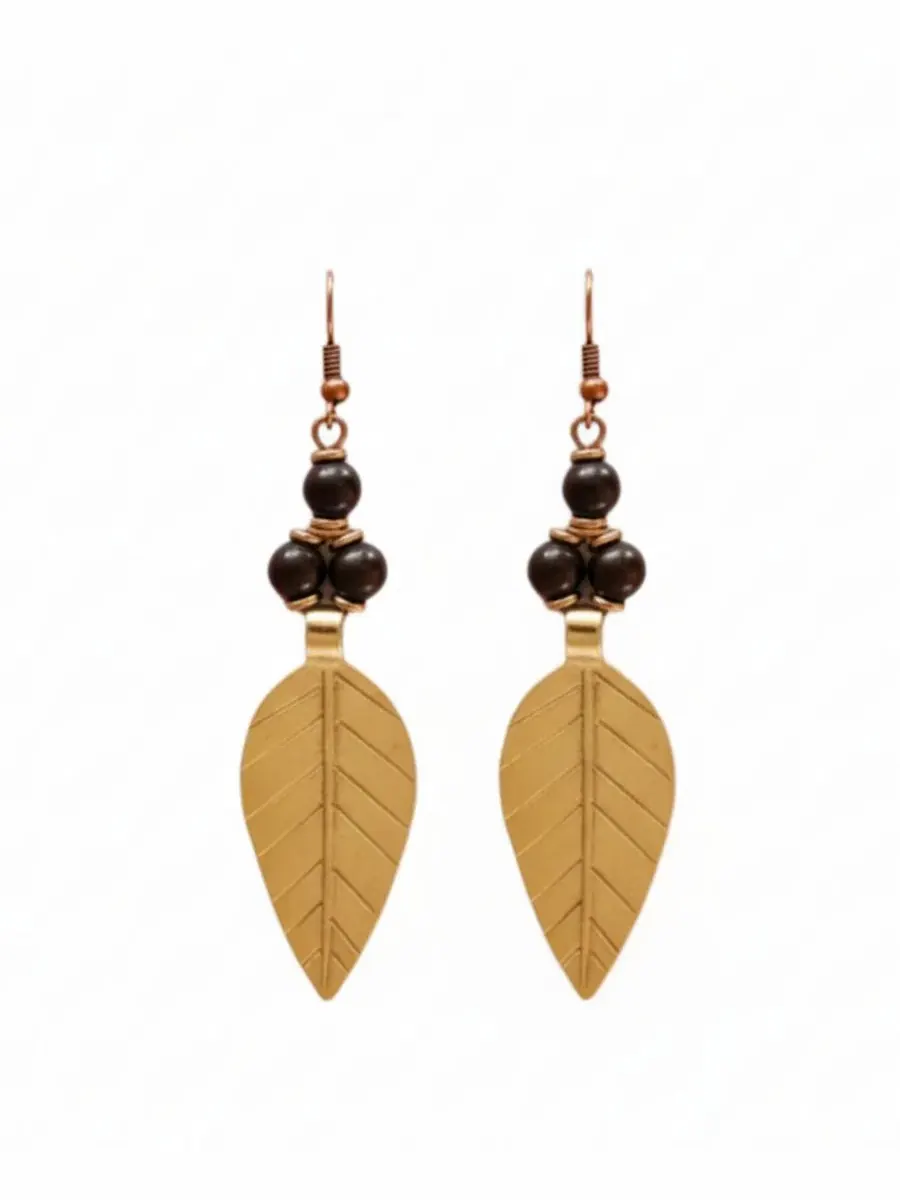 Серьги-листья из латуни с позолотой, с черными бусинами, Acacia Tree Leaf KENDI AMANI — золотистый