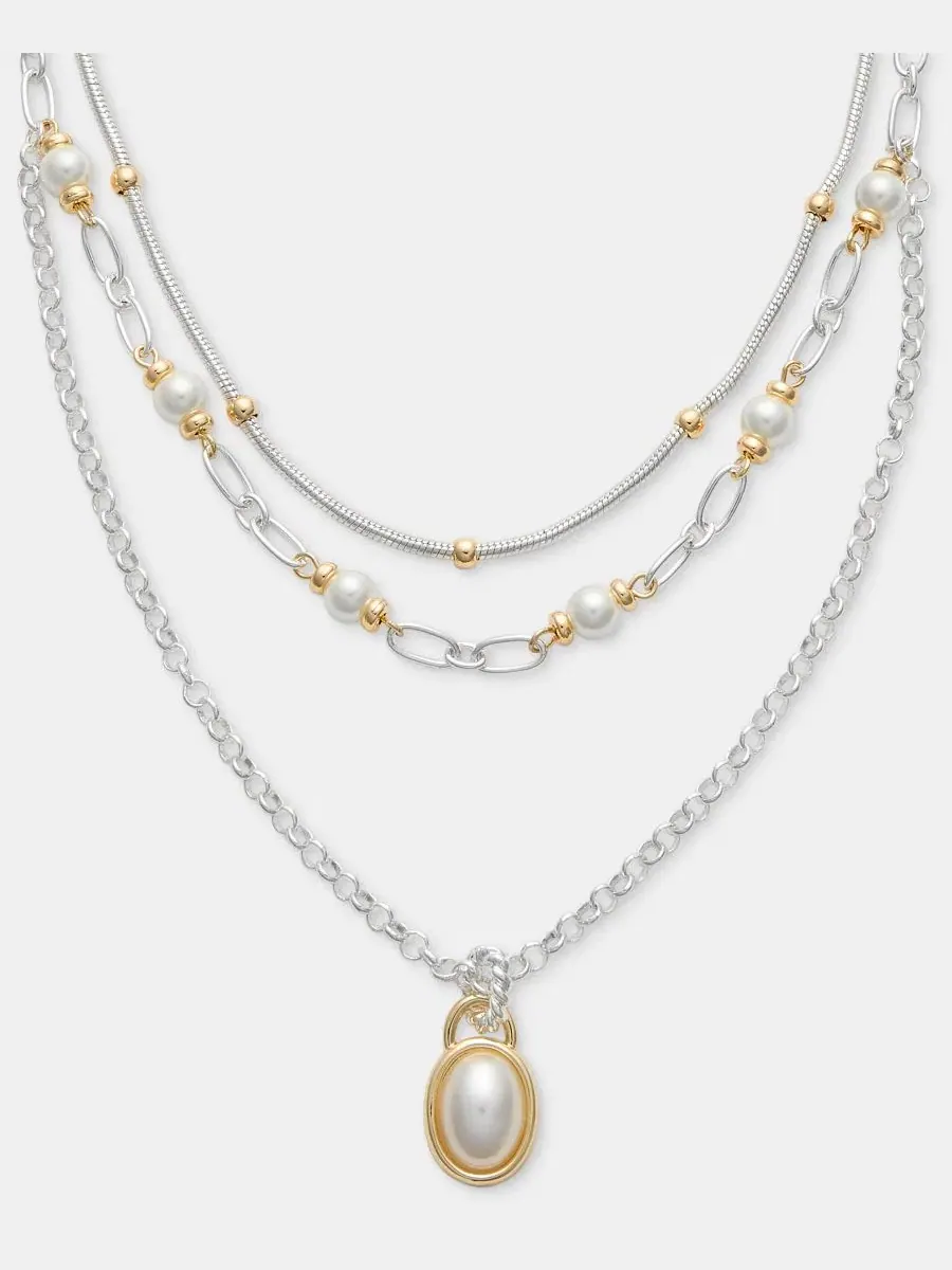 Двухъярусное колье с имитацией жемчуга и цепочкой Anne Klein — изображение 2 из 5, оттенок серебристый