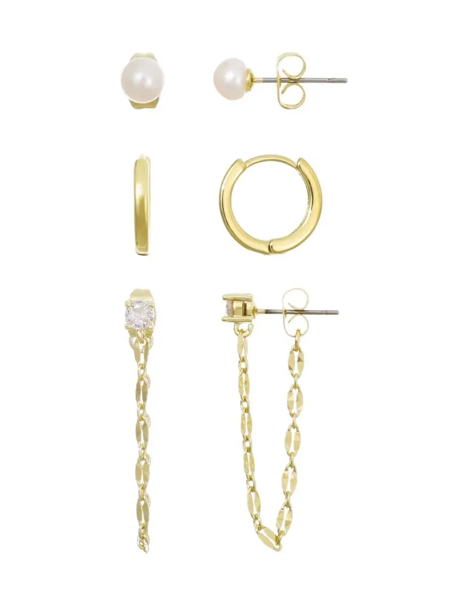 Комплект серег с жемчугом Gold Natural Freshwater Pearl Stud, Huggie and Drop Chain Earrings